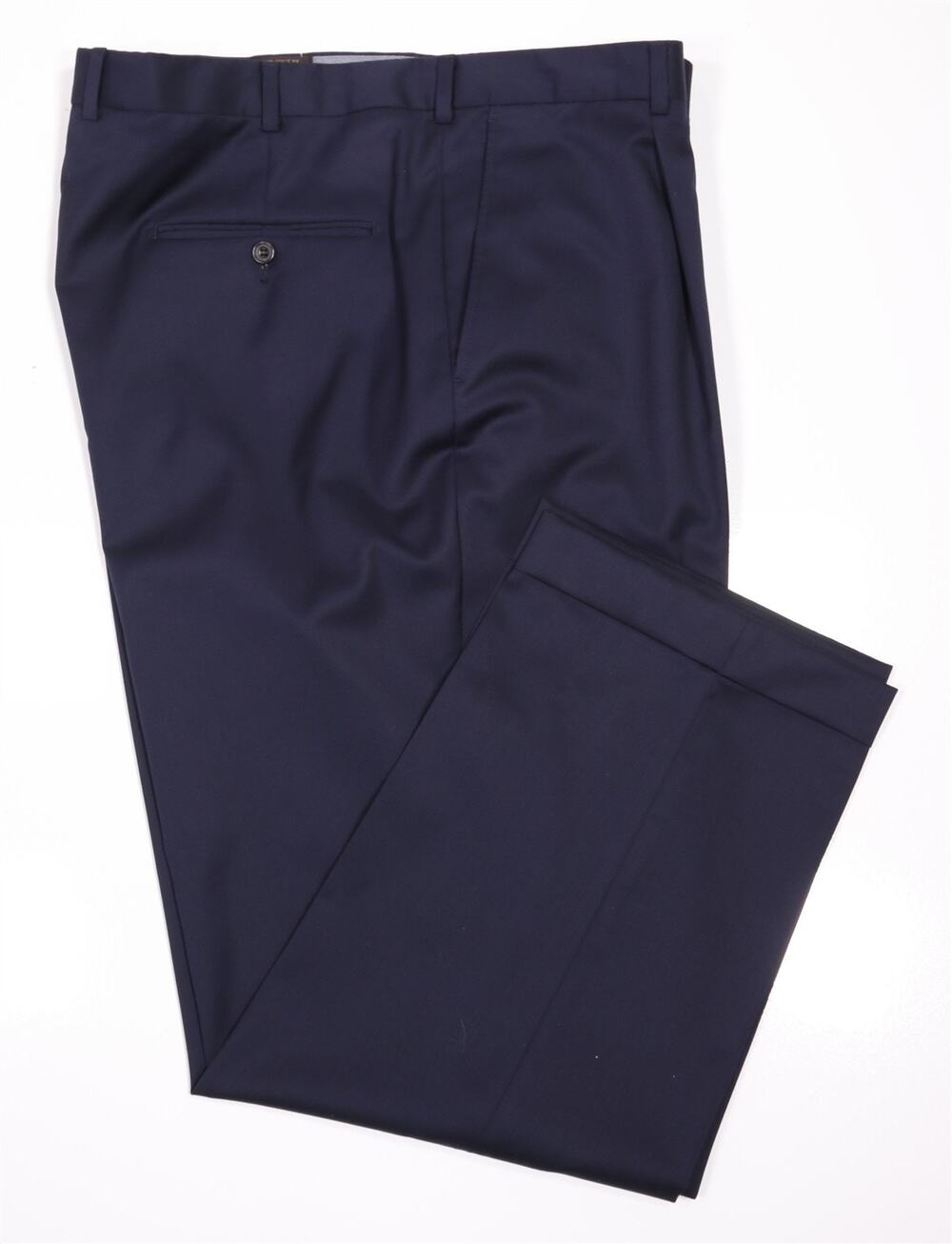 Hickey Freeman Loro Piana Traveler Solid Navy Blue Wool Pleated Pants 38x30